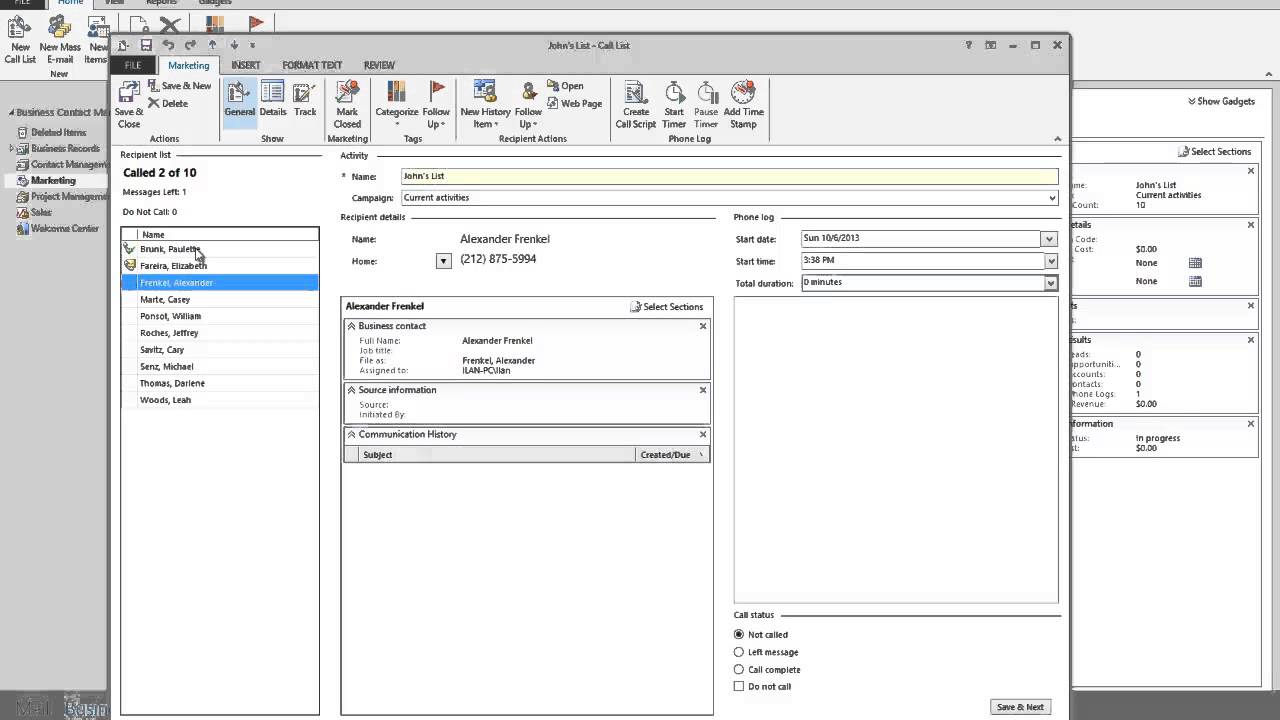 Tutorial - Business Contact Manager Call Lists