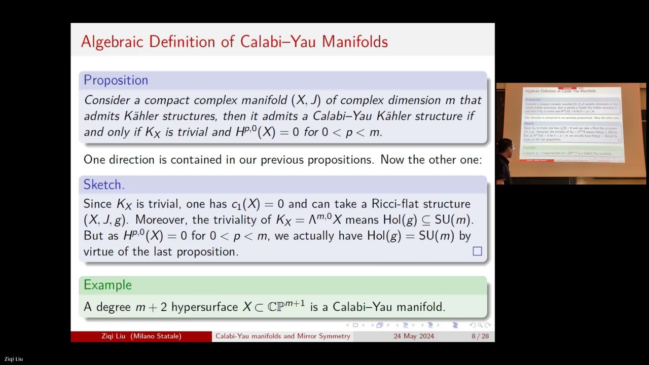 4. Calabi-Yau manifolds, string theory and mirror symmetry (24/05/2024)
