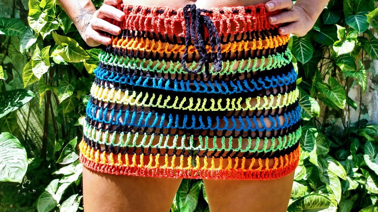 Saia de crochê colorida. Saída de praia. Passo a passo. Super fácil! Ideal para iniciantes! 💚🧡💛