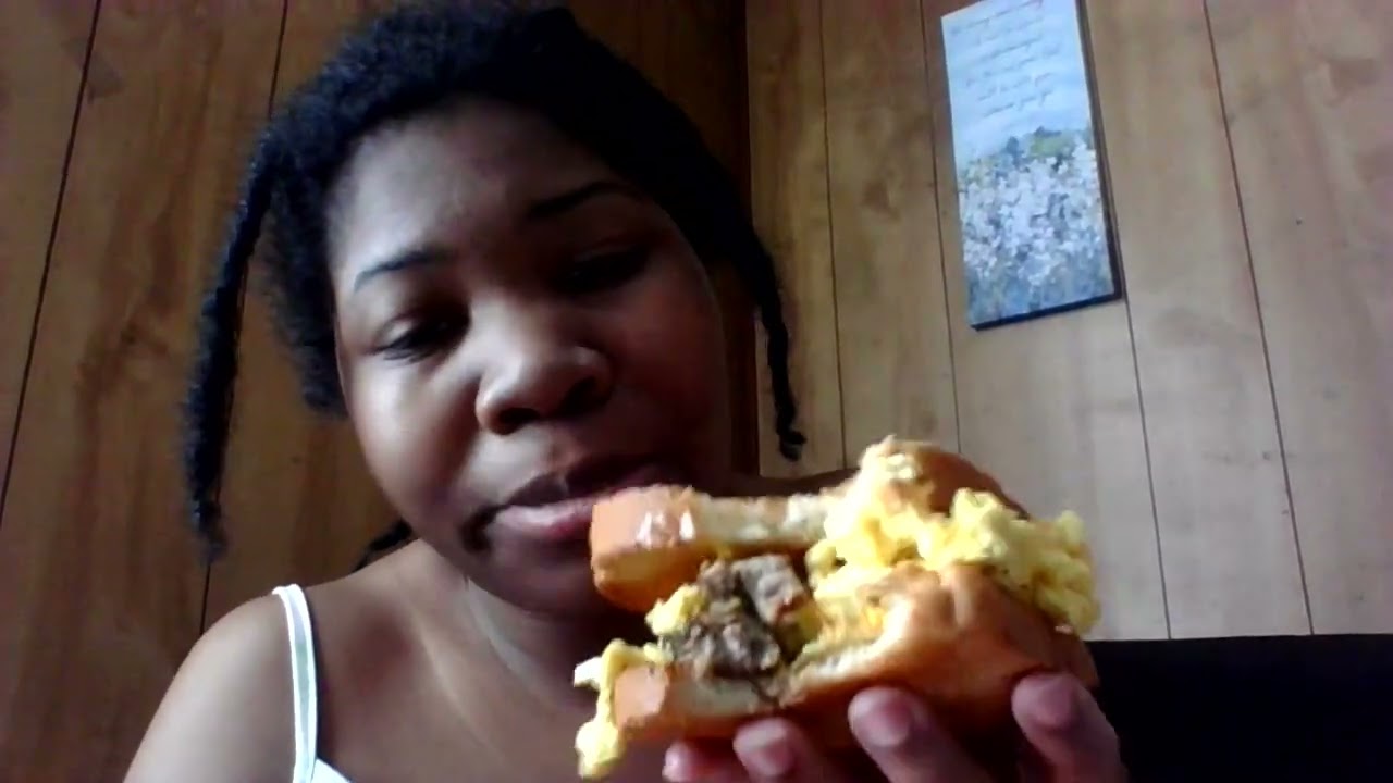 Part one of video: Eating my mom's turkey sausage with eggs and cheese on toast