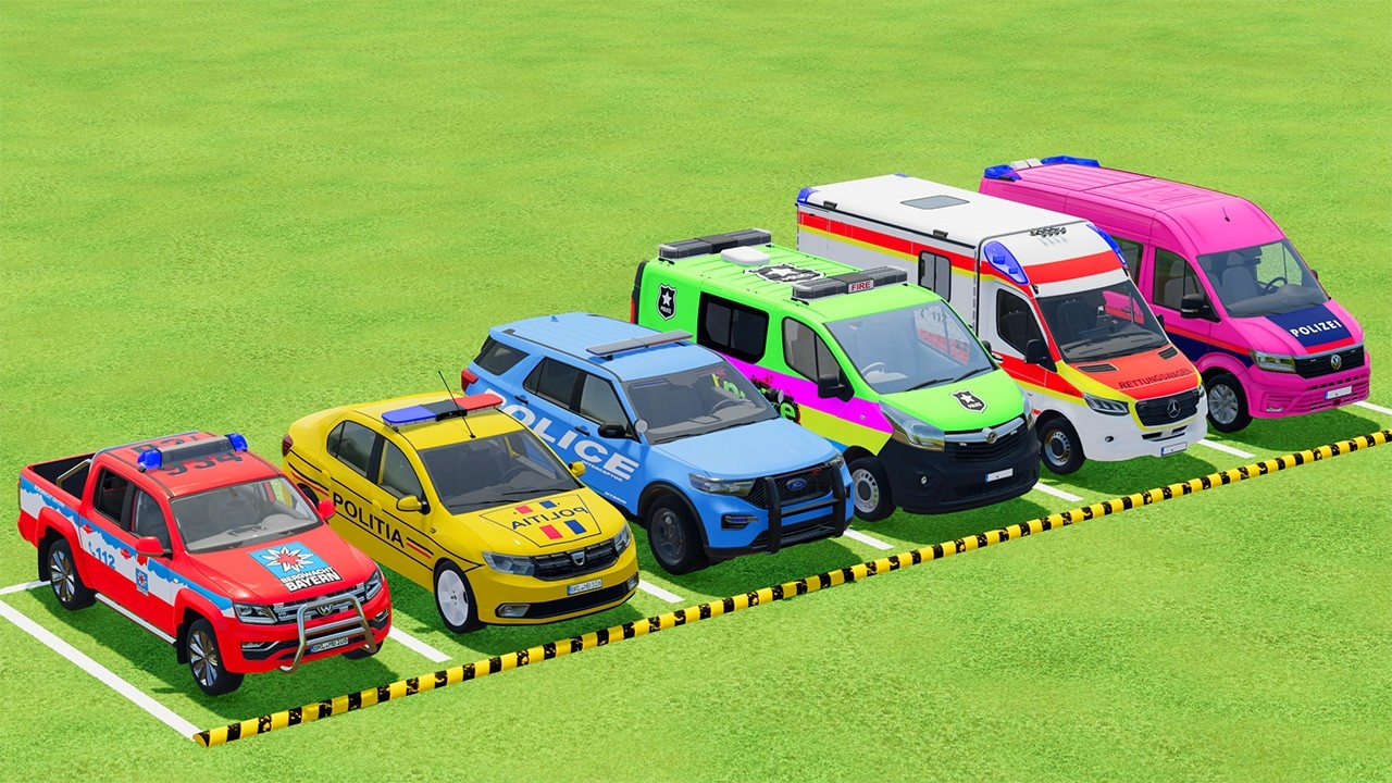 TRANSPORTING POLICE CARS, AMBULANCE, FIRE TRUCK, COLORFUL CARS WITH TRUCK - FARMING SIMULATOR 22 #22