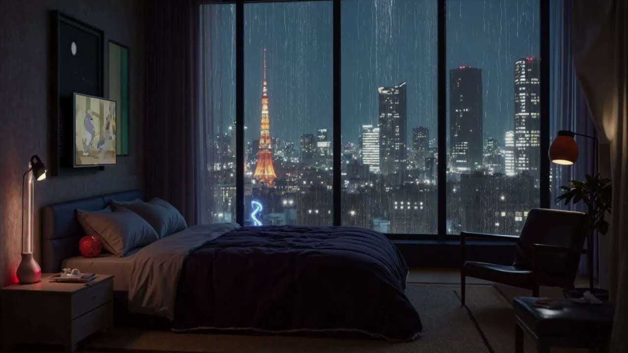 tokyo bedroom rainy night with iconic tower view for deep rest