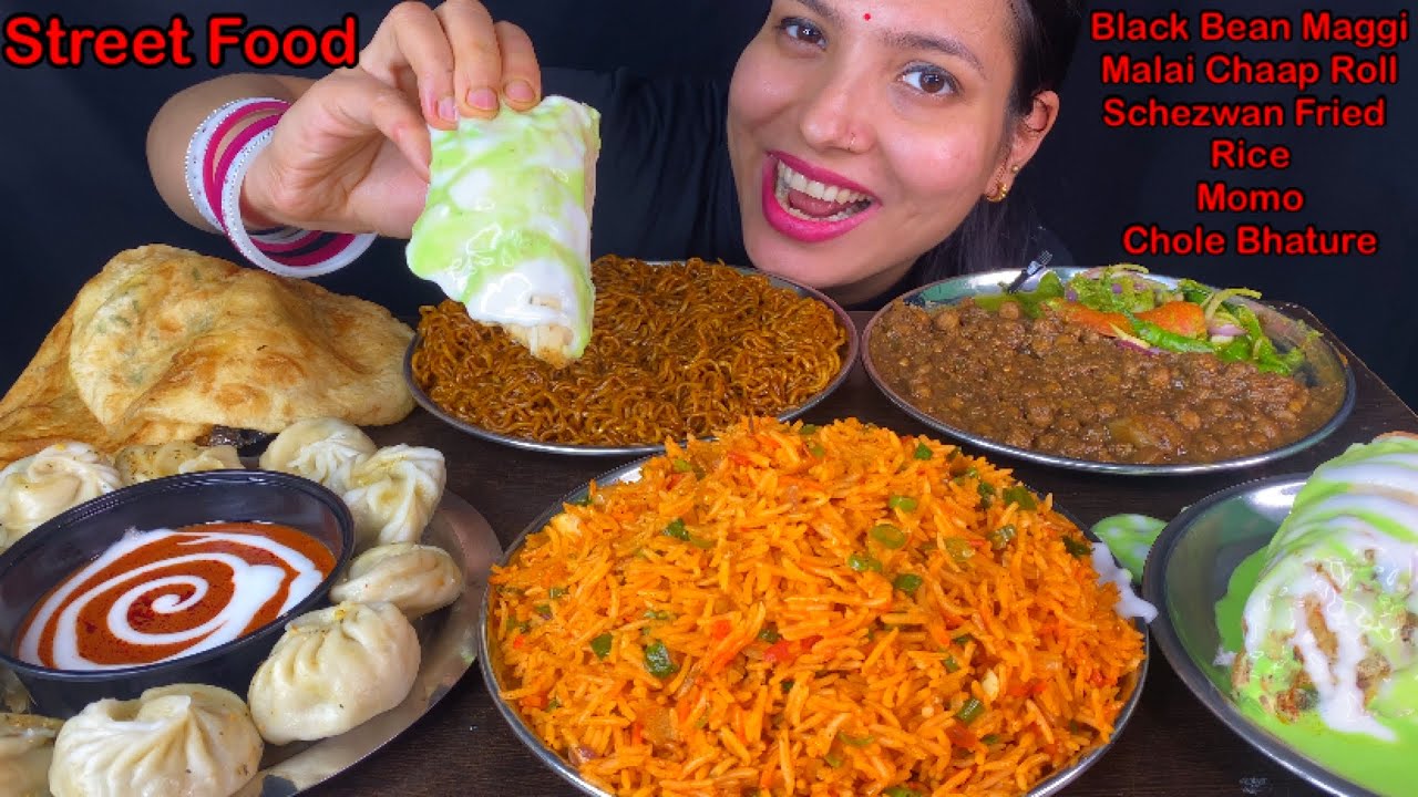 Eating Spicy🔥 Black Bean 🍝Maggi Masala, Malai Chaap Roll, Schezwan Fried Rice, Momo, Chole Bhature