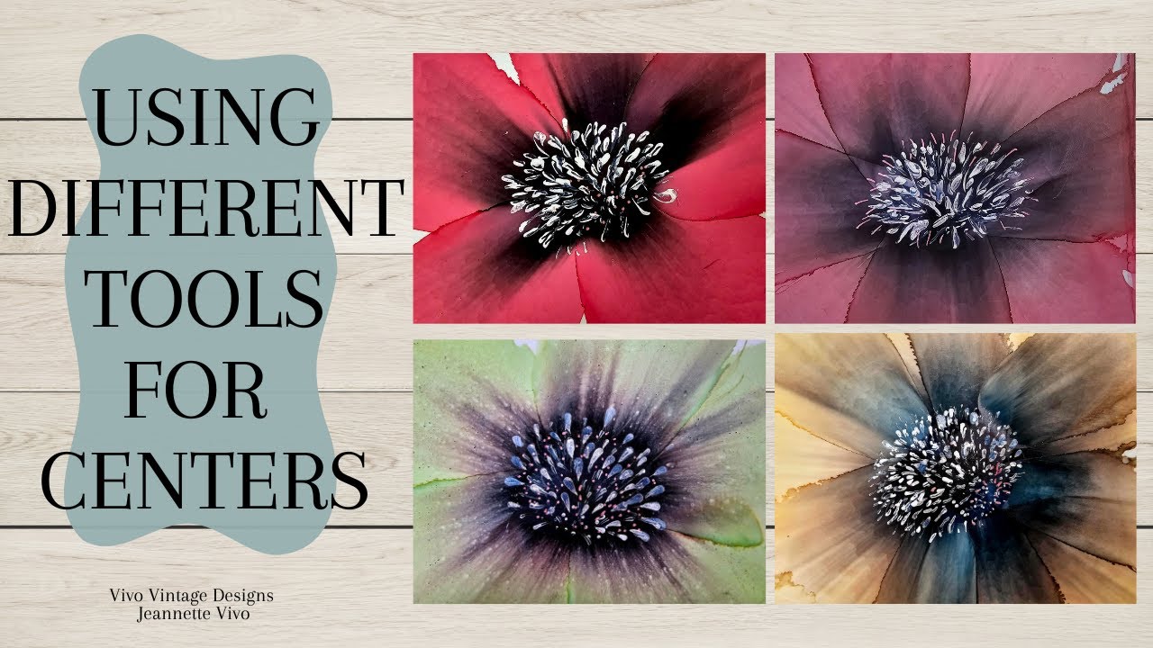 Using different art tools to create alcohol ink flower centers