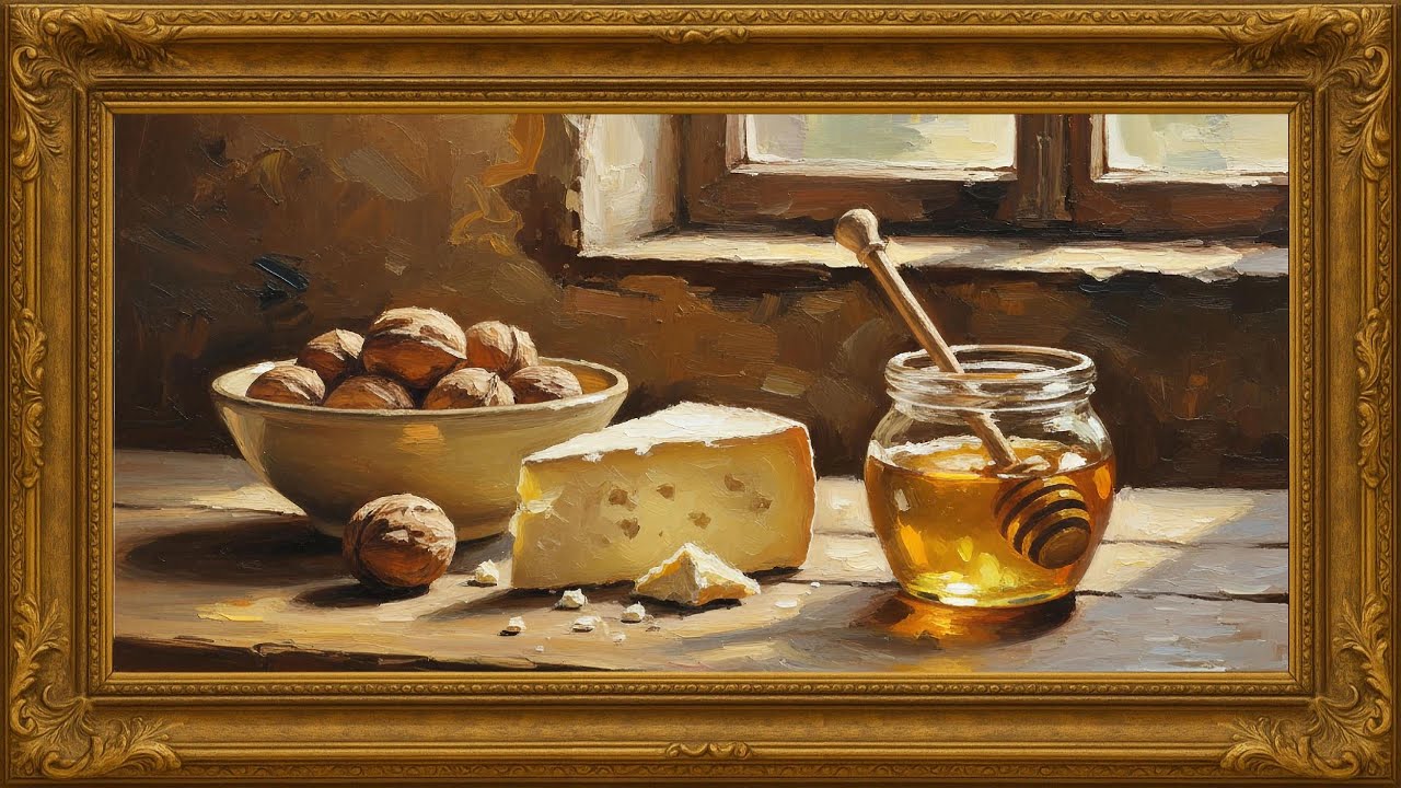 Golden Light Still Life – 4K Framed Art | Bodegón con Luz Dorada – Arte enmarcado 4K | No Music