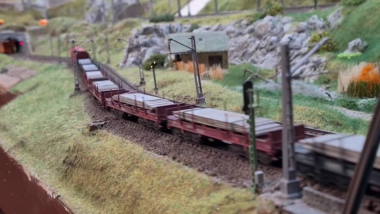 Schwerer Stahlzug auf kleiner Spur (N) unterwegs