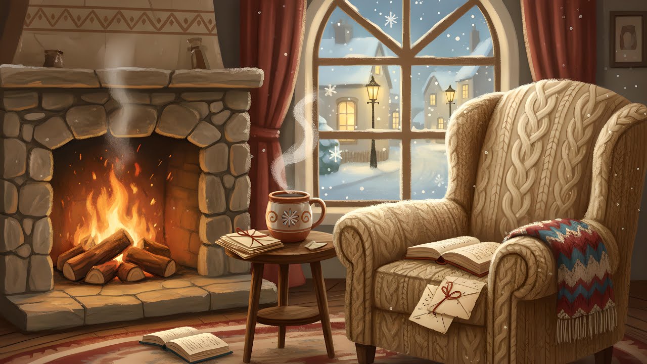 winter vintage 1940s oldies playing in another room & warm crackling fireplace ambience