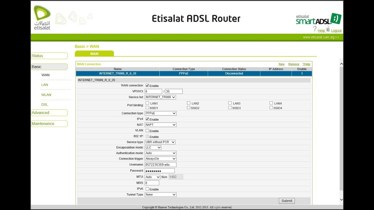 ضبط اعدادات روتر اتصالات للانترنت بالكامل DSL اتصالات - Etisalat.eg‏|ETISALAT ADSL ROUTER