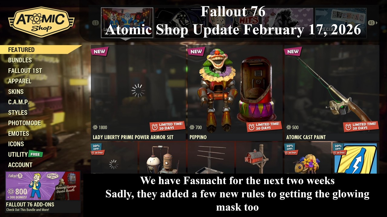 Fallout 76 Atomic Shop Update February 17, 2026