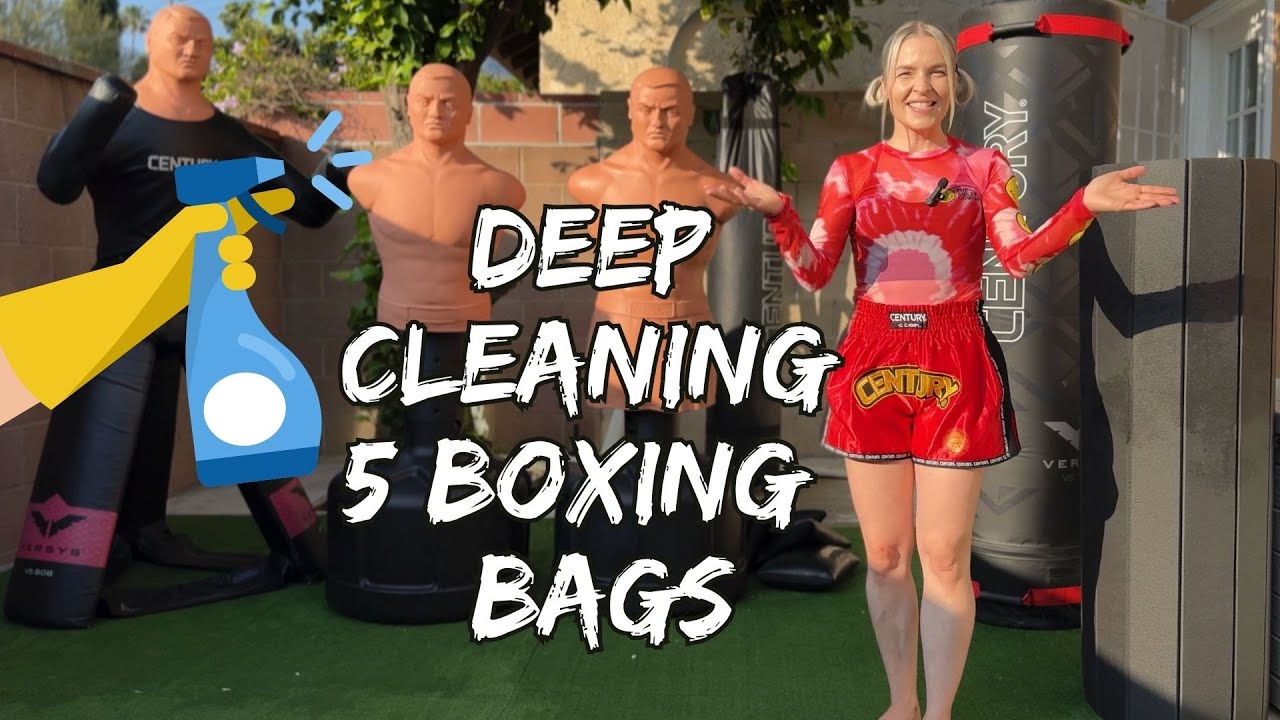 Deep cleaning 5 boxing bags from @centurymartialarts 👊