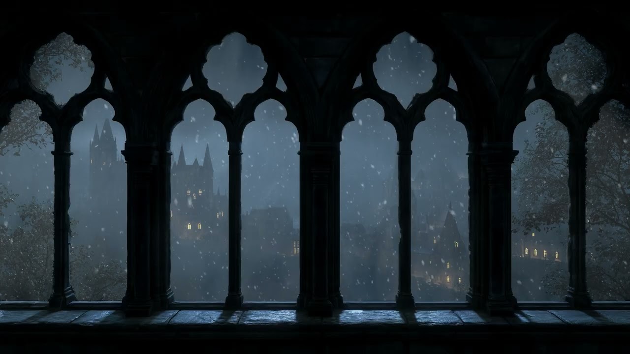 Snowy Hogwarts Inspired Castle View | Cozy Window Scene & Howling Wind for Deep Sleep, Focus & Study