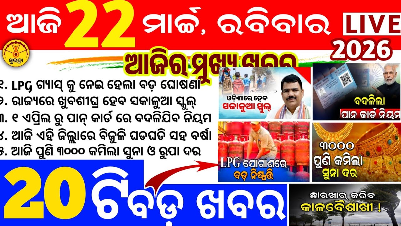 Today's news odisha/22 march 2026/Odisha news/subhadra yojana/PM kisan yojana/odisha news today