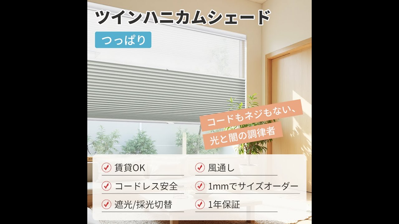 ツインハニカムシェード　つっぱり式★DIY超初心者でも3分で設置完了！工具一切不要の魔法の簾 | 新発売30%OFF