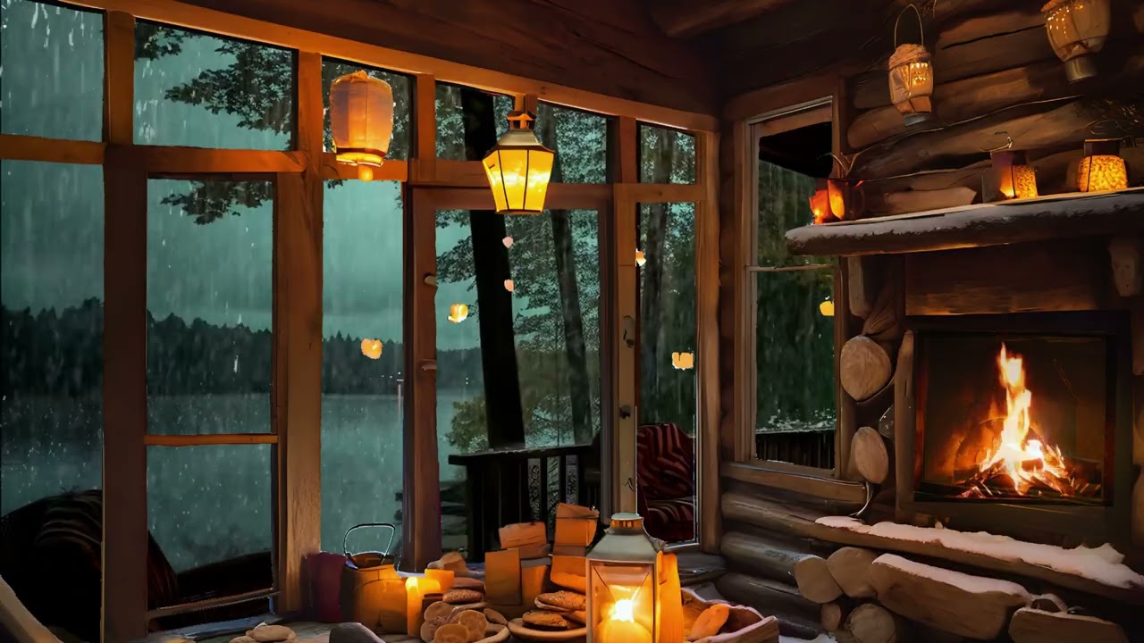 Heavy Rain Over the Lake at Night | Cozy Cabin, Fireplace, and Peaceful Ambience 🌧️🔥🌲
