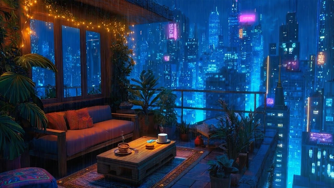 Candlelit Balcony Rain Overlooking a Neon City | Music to Chill, Study, or Sleep