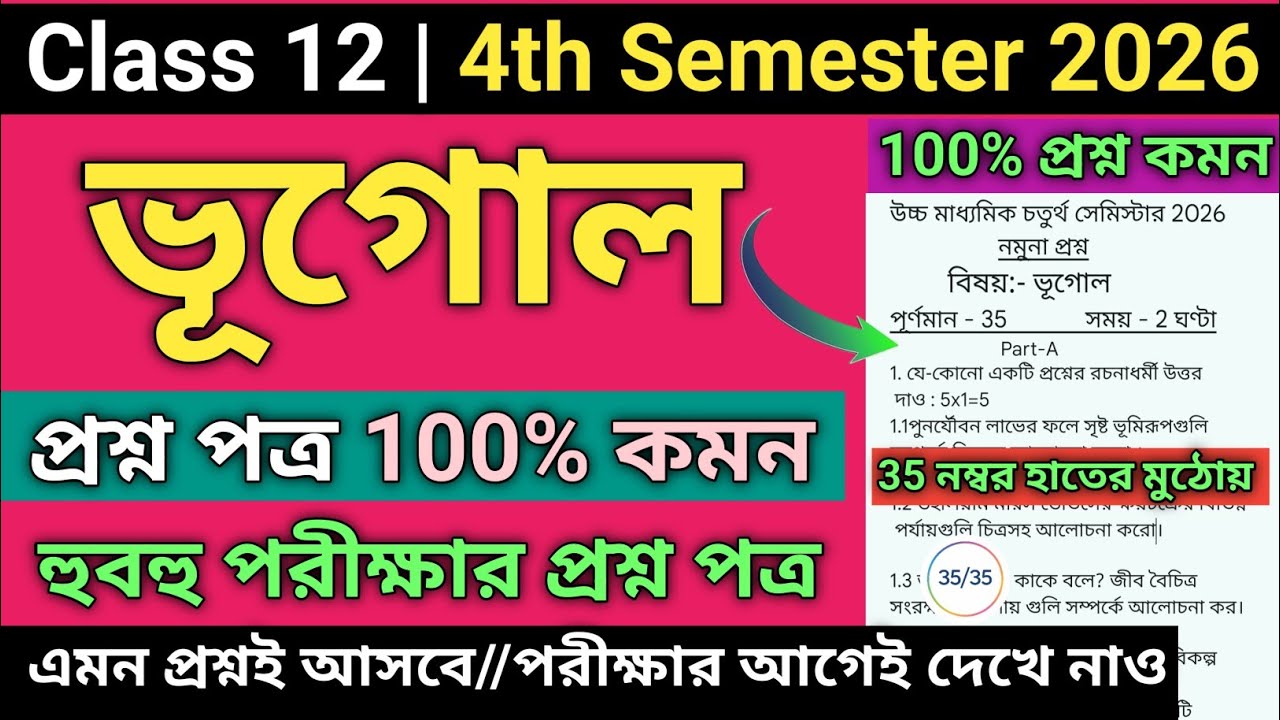 HS 4th Semester Geography Question Paper 2026 | class 12 semester 4 geography suggestion 2026