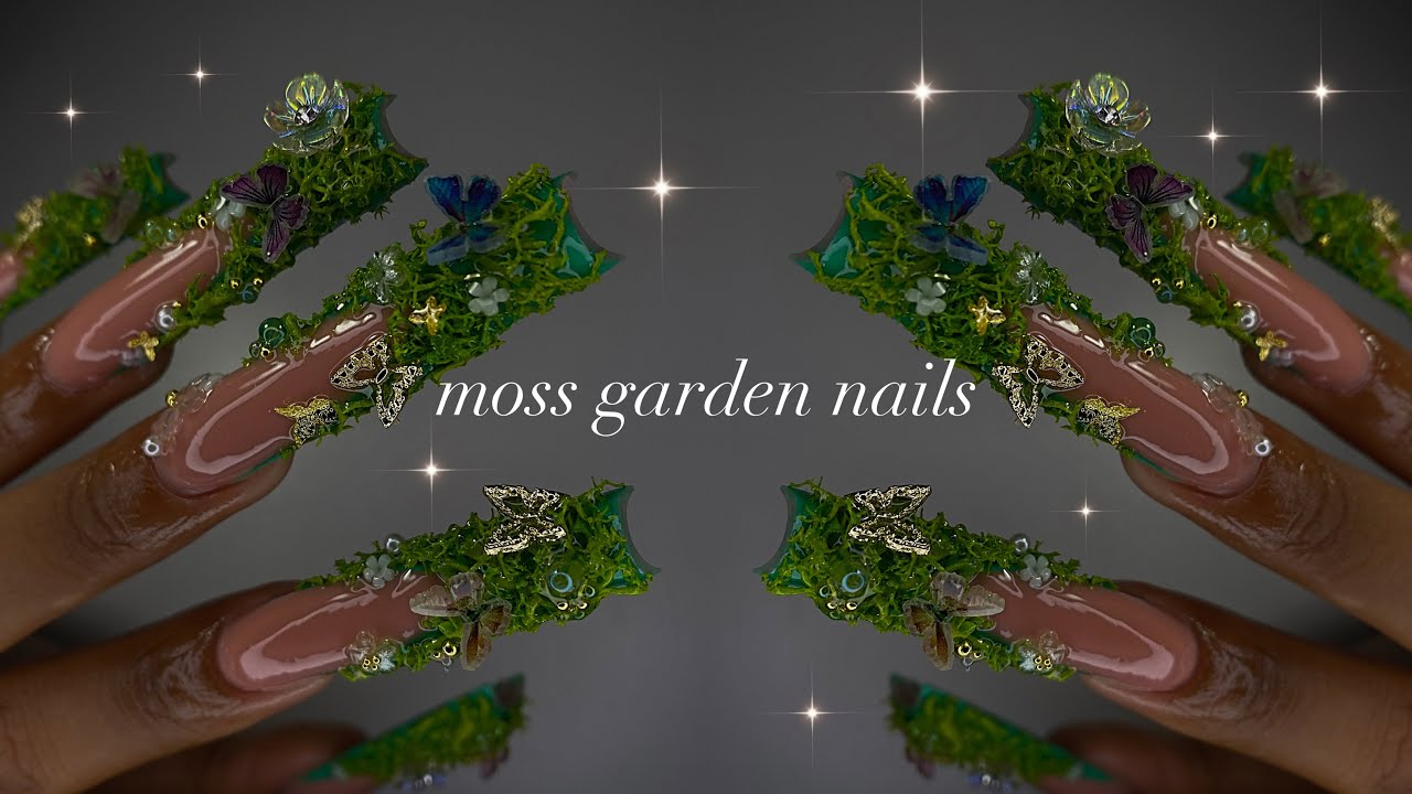 Moss Garden Nails🌿🌸🦋| polygel application + trendy nail art!✨