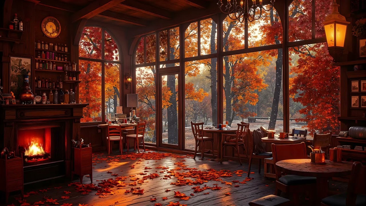 Autumn Coffee Shop Jazz – Cozy Fall Café Ambience with Warm Fireplace & Smooth Jazz Music