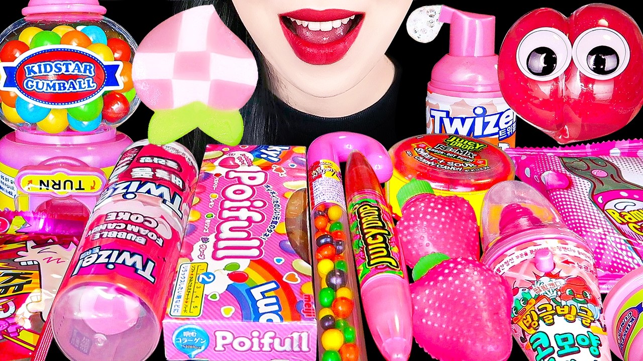 ASMR PINK CANDY 다양한 캔디 먹방 BOTTLE POP ICE CREAM GUMBALLS JELLY SNACK GUMMY 핑크 아이스크림, 거품 스프레이 EATING