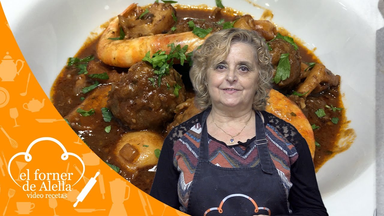 Albóndigas con sepia y langostinos