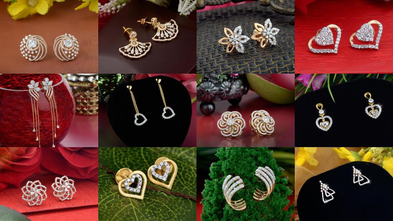 Latest Diamond Gold Ear Stud Designs with Weight and Price |Diamond Earring collection #Indhus