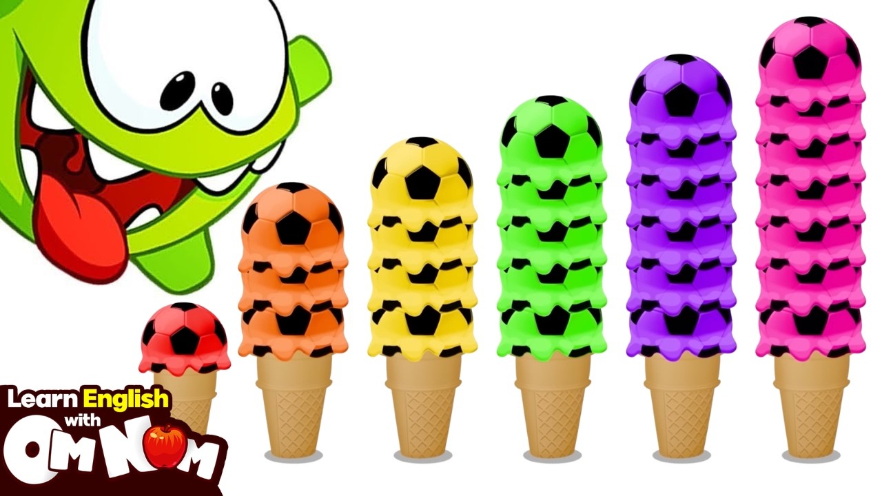 Baby Om Nom ICE CREAM LOVE! Learn Colors With Soccer Ice Cream Scoops | Learn With Om Nom