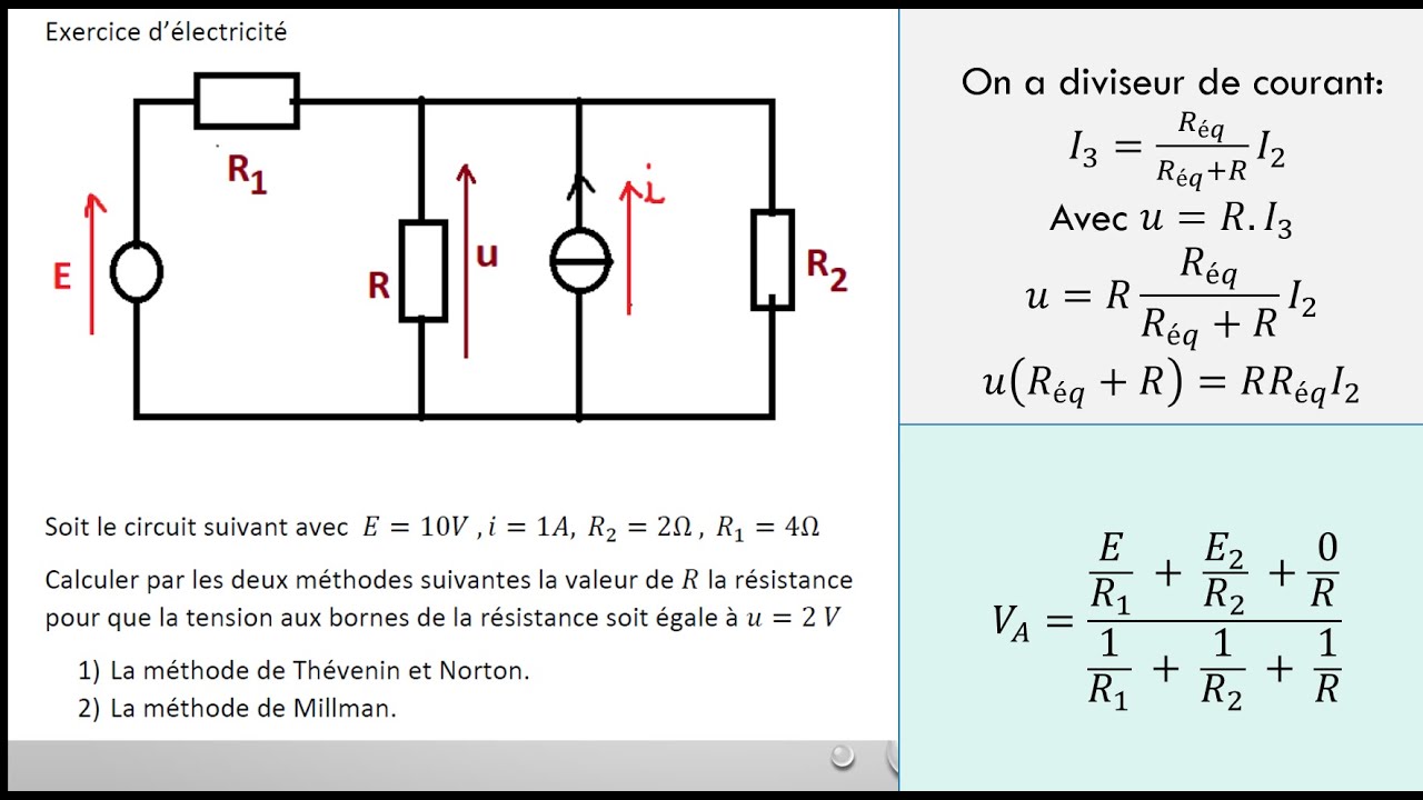 Exercice d’électricité utilisation des théorème de Norton,Thévenin et millman