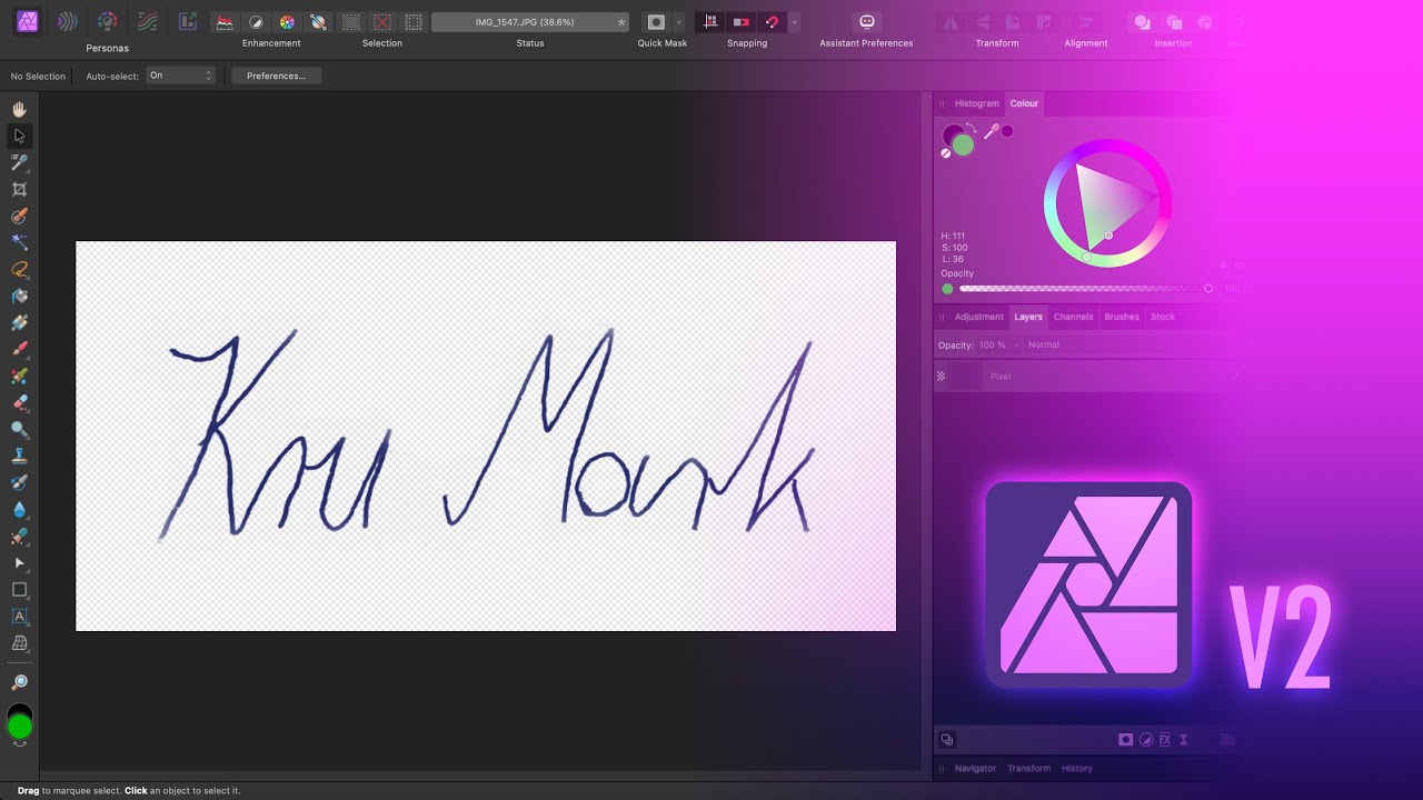 Удалить фон из подписи в Affinity Photo