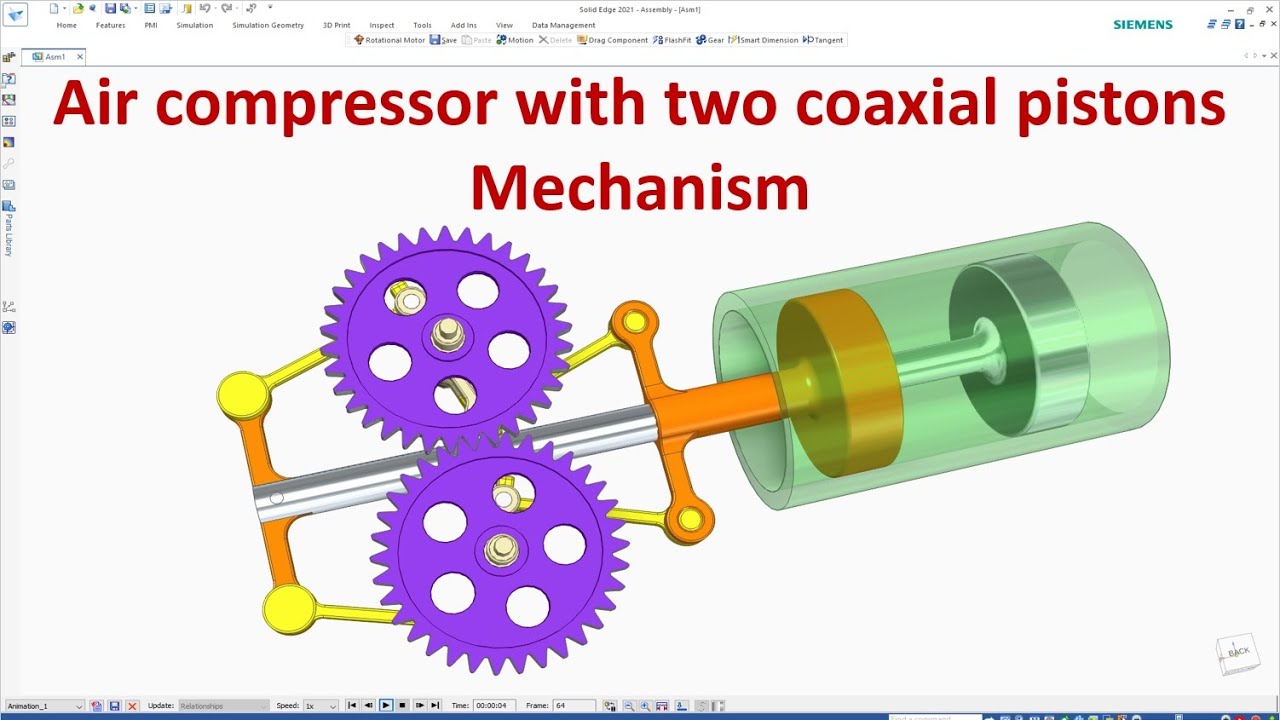 Solid Edge Assembly & Motion Animation #40 | Air Compressor With Two Coaxial Pistons Mechanism