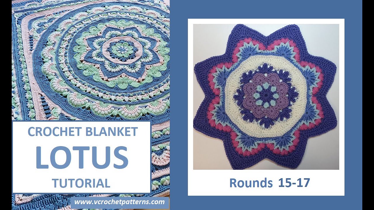 Rounds 15-17. Free crochet blanket LOTUS row-by-row tutorial (US terms) #crochetmandala