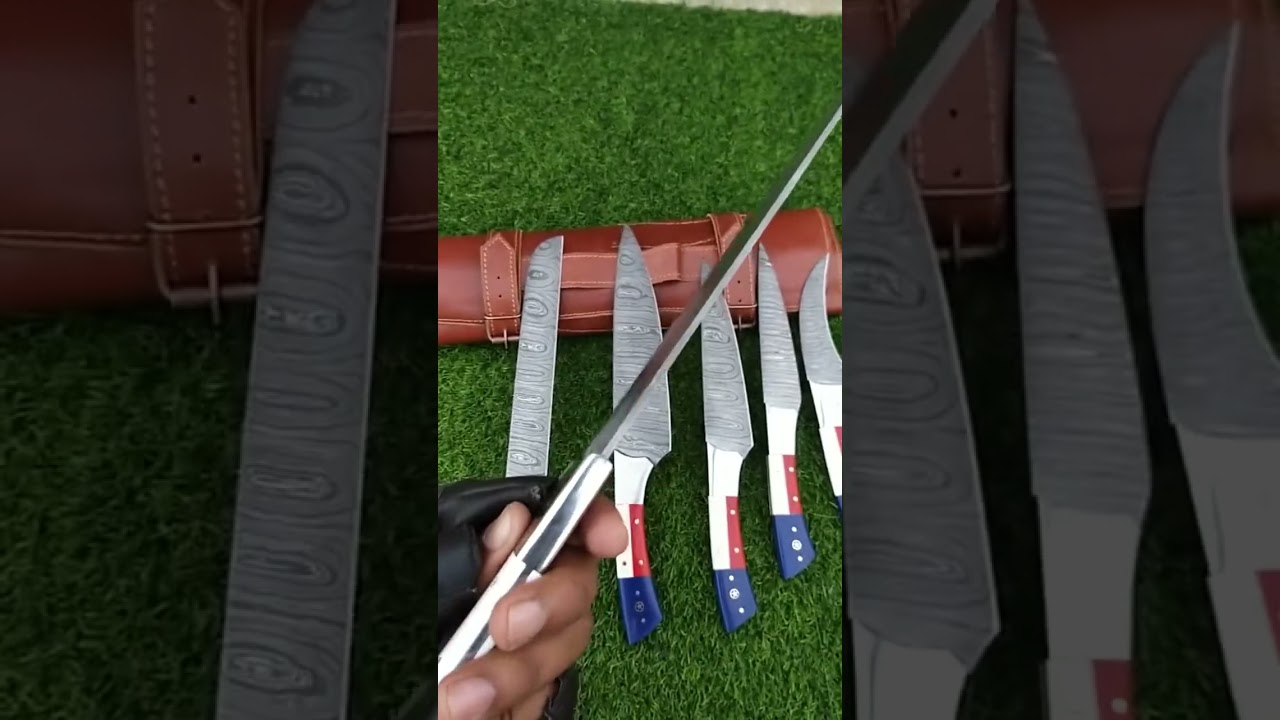 Handmade Damascus steel American flag set of five kitchen knives with leather roll. 