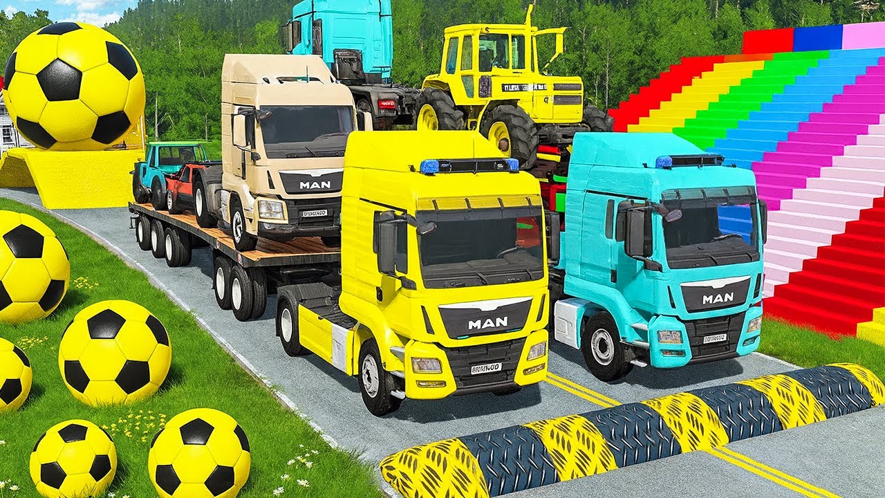 Flatbed Trailer McQueen Transportations with Truck   Cars vs Speed vs Train   BeamNG Drive #47