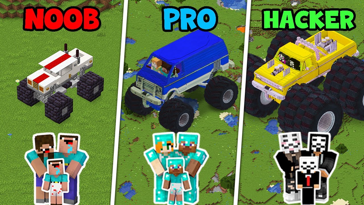 Minecraft FAMILY MONSTER TRUCK HOUSE BUILD CHALLENGE : NOOB vs PRO vs HACKER / Animation