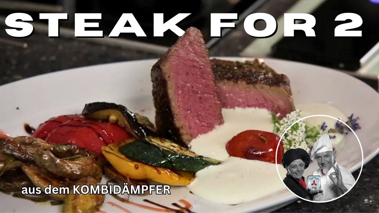 Steak for 2 mit Grillgemüse, Rosmarinkartoffel & Käse Espuma