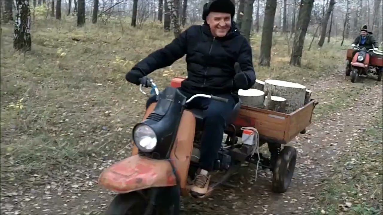 с друзьями за дровами на мотороллерах "Муравей"