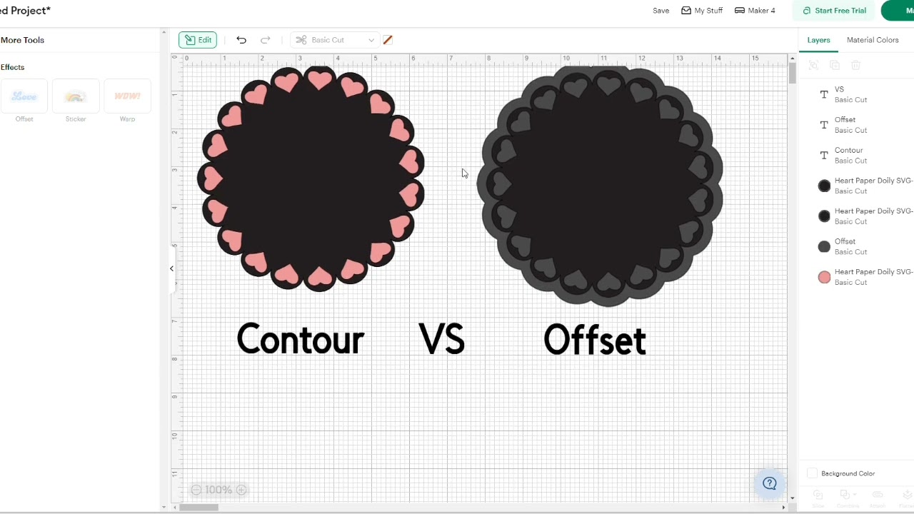 Cricut design space offset tutorial, offset vs contour for layered shapes for crafts