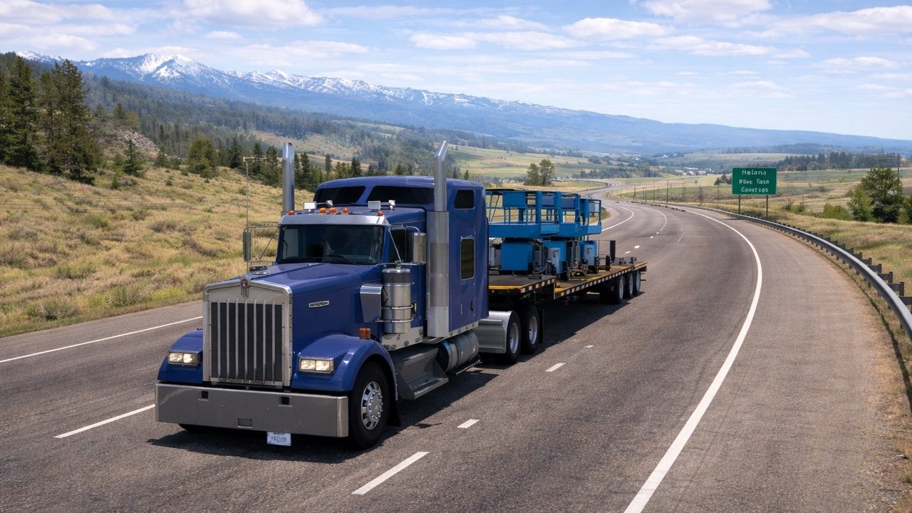 Scissor lift transportation job in Montana - Kenworth W900 - American Truck Simulator
