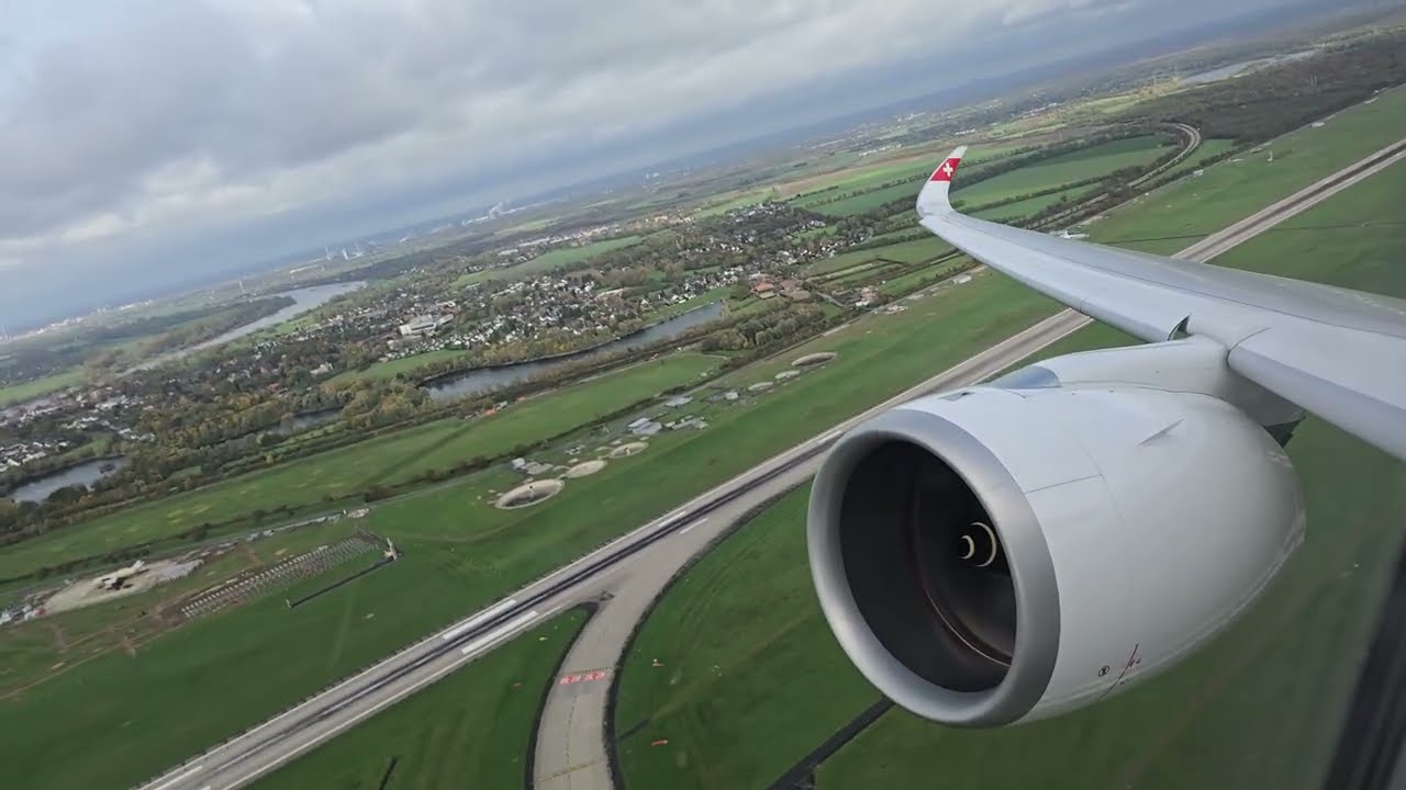 (ENGINE ROAR) Swiss Airbus A350-900 takeoff from Düsseldorf to Zürich