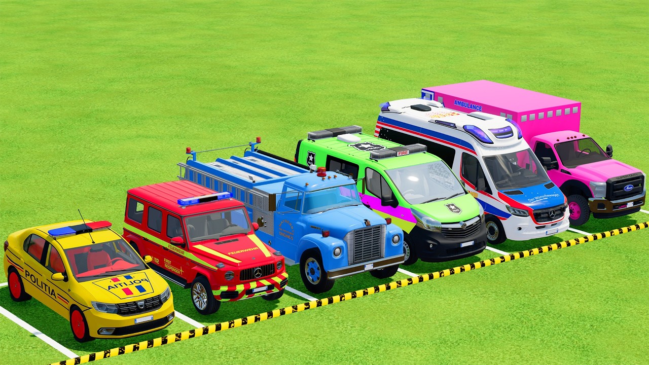 TRANSPORTING POLICE CARS, AMBULANCE, FIRE TRUCK, COLORFUL CARS WITH TRAIN - FARMING SIMULATOR 22 #03