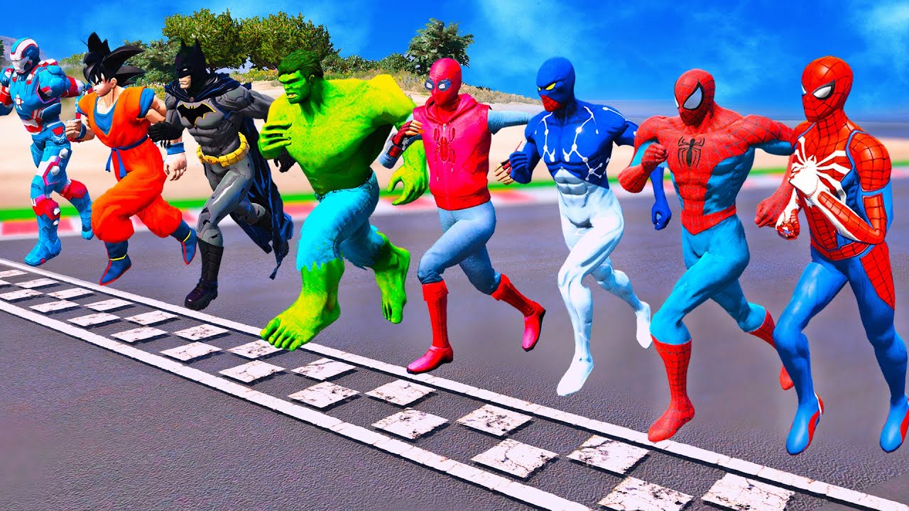 SPIDERMAN TEAM VS SUPERHEROES TEAM RUNNING CHALLENGE ! SpiderMan Motorbikes Mega Ramp Racing - GTA 5