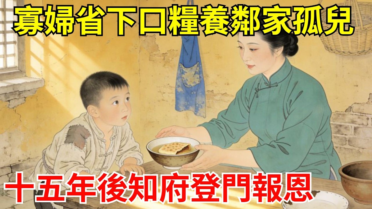 寡婦省下口糧養鄰家孤兒，鄰居都笑她爛好心。十五年後，新任知府登門磕頭：娘，當年若無您一碗粥，哪有今日的我？#故事頻道#聽書#民間故事#說書#善有善報#爽文