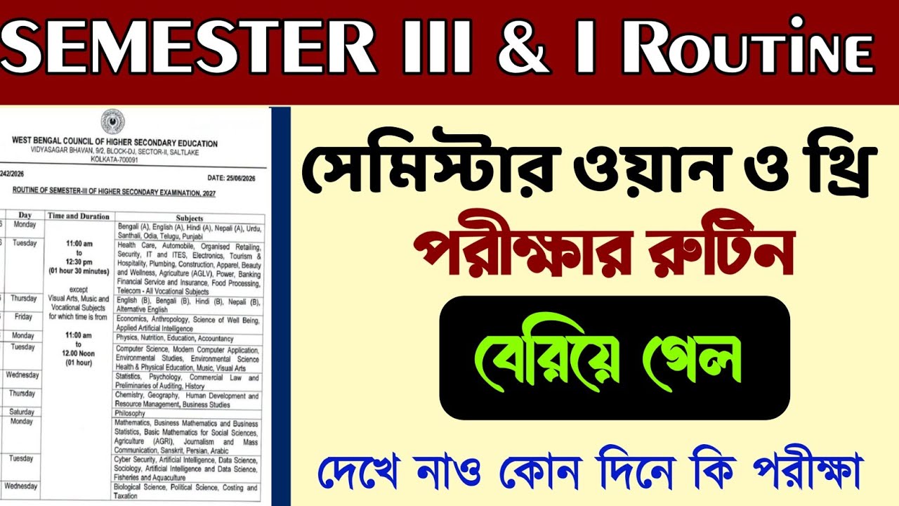 Class 12 Semester 3 Routine 2026 / Class 11 Semester 1 Routine 2026 / Class 12 Semester III HS 2027