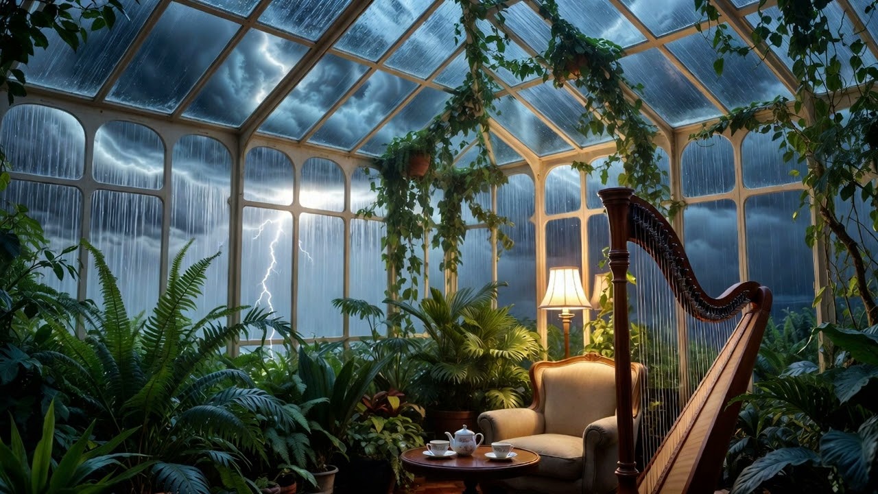 Stormy Victorian Greenhouse • Harp, Rain & Thunder for Cozy Focus & Deep Relaxation (1 hour)