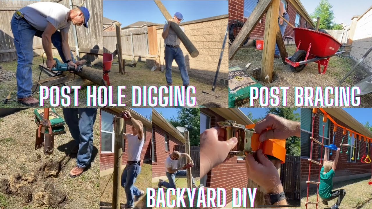 *NEW DIY* Backyard Obstacle Course Set Up, Hand Digging Post Holes, Placing and Bracing Large Posts