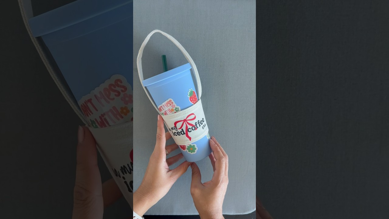 Cute Iced coffee era cup holder created with my cricut maker and iron on htv