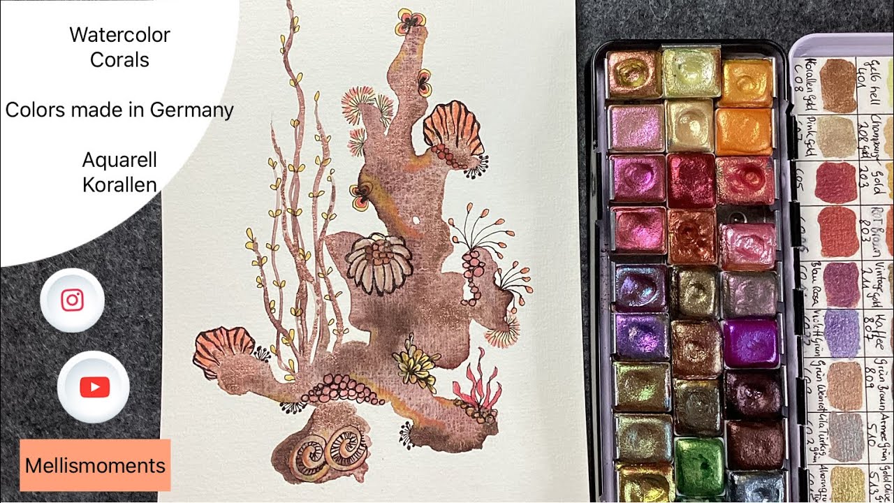 Watercolor Coralreef with shimmering colors - Aquarell Korallen mit Glitzerfarben aus Deutschland