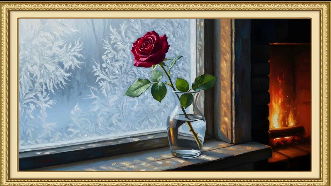 European Winter Still Life Oil Painting | Single Flower by Frosted Window | Gold Frame TV Art