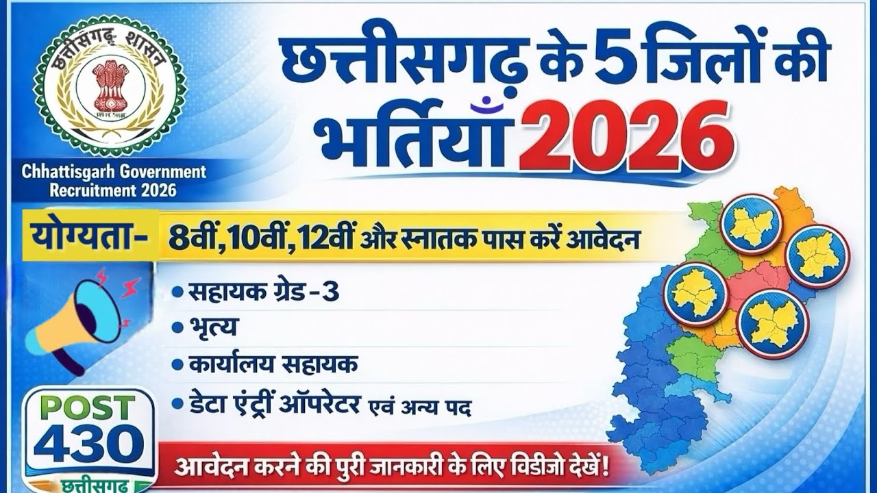 छत्तीसगढ़ के 5 जिलों में बड़ी भर्तीयाँ 2026 | 8वीं 10वीं 12वीं पास सरकारी नौकरी | CG New Vacancy