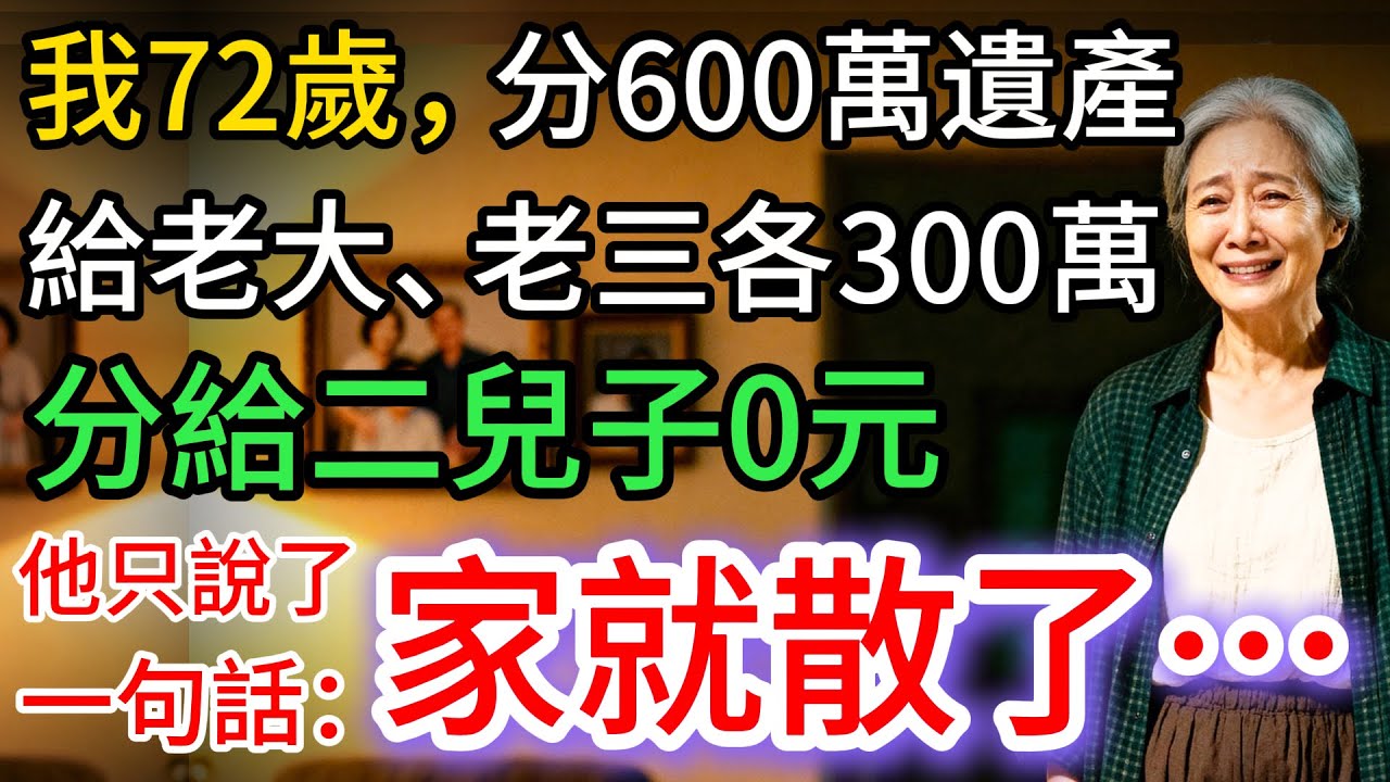 我72歲，分600萬遺產，給老大老三各300萬，給二兒子0元，他一句話，家散了…