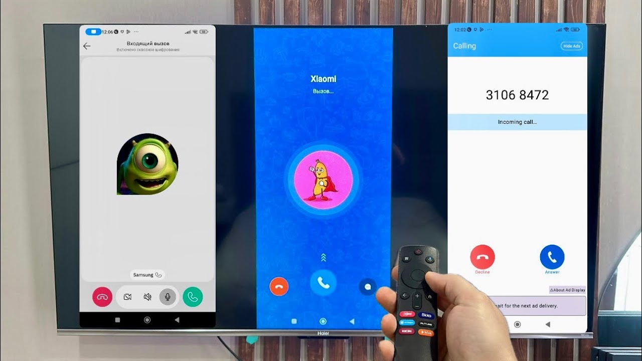 Smart View Incoming Call screen recording on Haier Smart TV on Poco X6,Samsung S21 BiP/TeleGuard,Sky